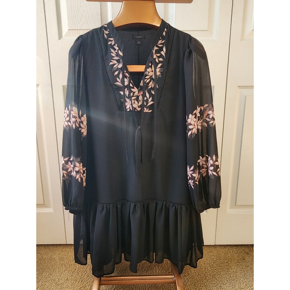 Halogen Ruffled Black Dress With Pink Floral Bib & Tie Front Long Size 1